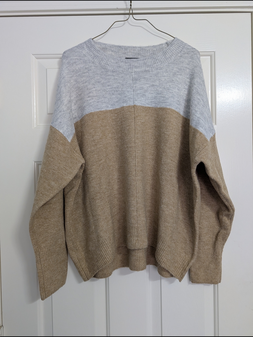 Two-Tone Knit Sweater in Camel and Light Gray